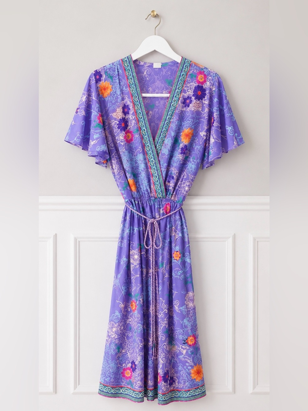 70's Boho Hippie Vestido Floral Purple Flutter Sleeve Dress